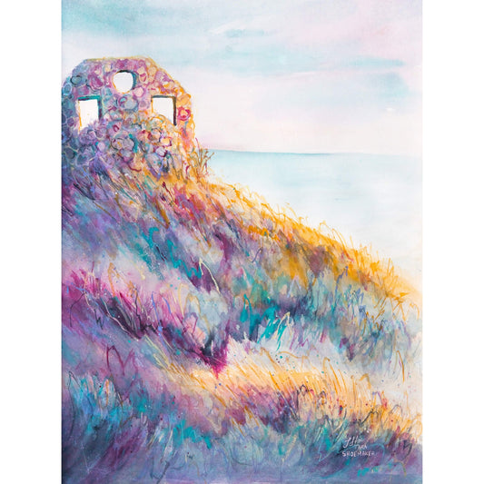 Colorful abstract painting of a landscape with a castle-like structure.