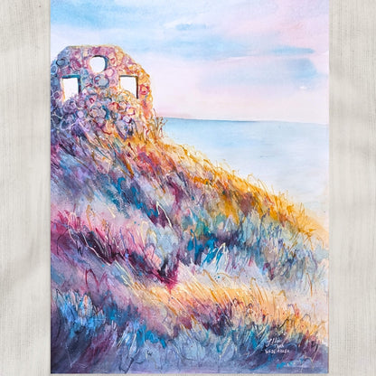 Colorful abstract painting of a landscape with a ruin-like structure. Ghosts by artist Tara Shoemaker.