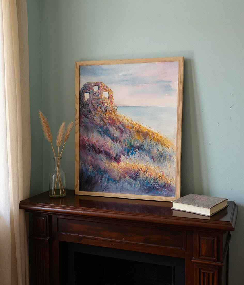 Framed painting of Ghosts, a coastal scene on a wooden surface with a book and vase, from Tara Shoemaker Art. Mockup created with the help of AI tools.