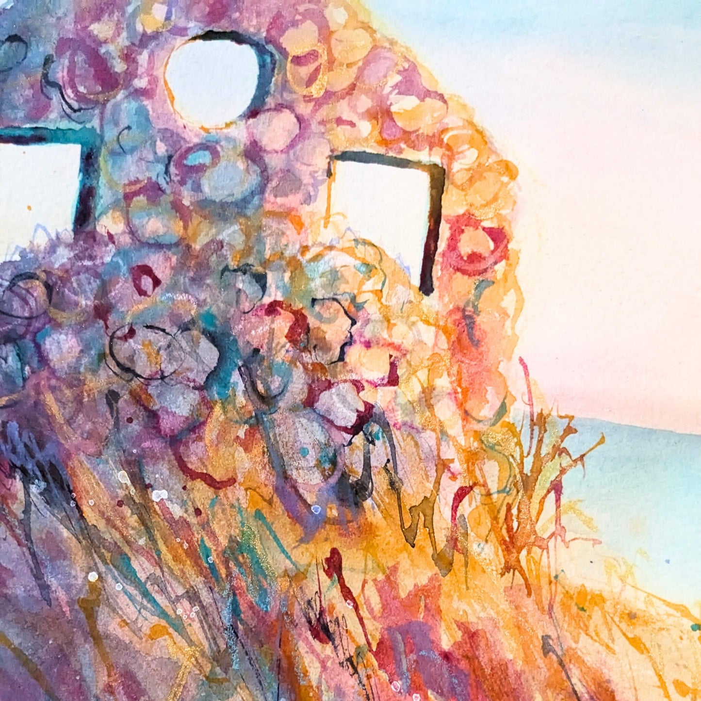 Abstract watercolor painting of a ruin with colorful splashes on a light blue background