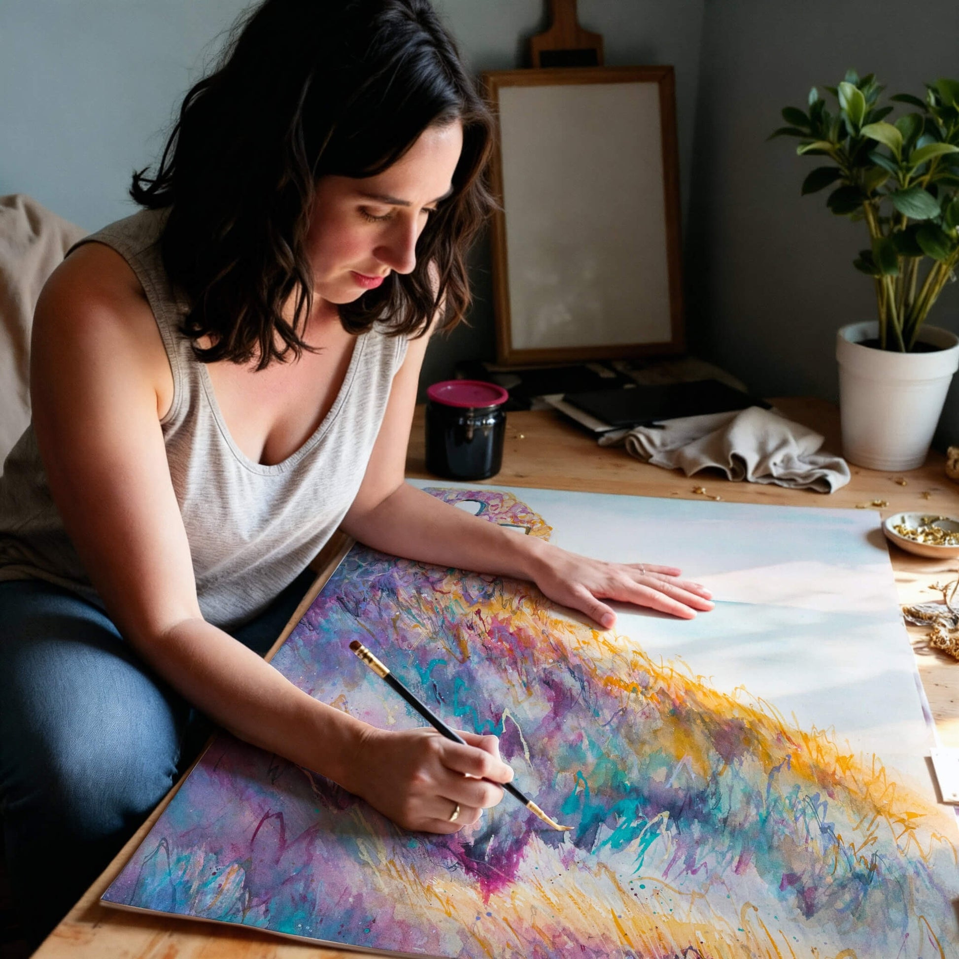 Woman painting a colorful abstract print of an artwork on a table.