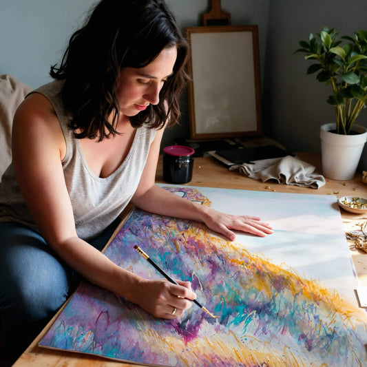 Woman painting a colorful abstract print of an artwork on a table.