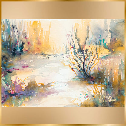 Abstract landscape watercolor painting with warm colors and a gold frame. Golden Soul by artist Tara Shoemaker.