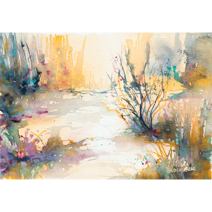Abstract watercolor painting of a natural scene with trees and golden light. Golden Soul by artist Tara Shoemaker.