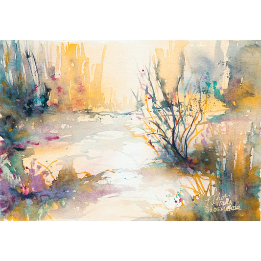 Abstract watercolor painting of a natural scene with trees and golden light. Golden Soul by artist Tara Shoemaker.