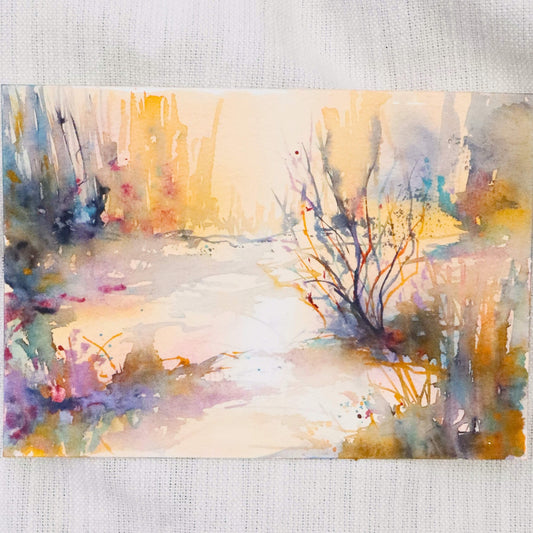 Abstract watercolor painting of a landscape with trees and a path on a textured fabric background. Golden Soul by artist Tara Shoemaker.