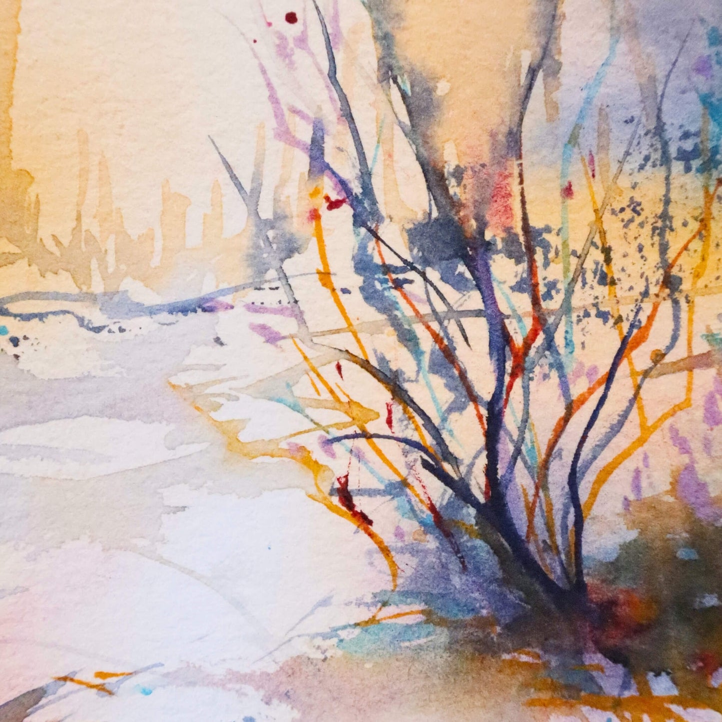 Colorful watercolor painting of a tree branch against a textured background