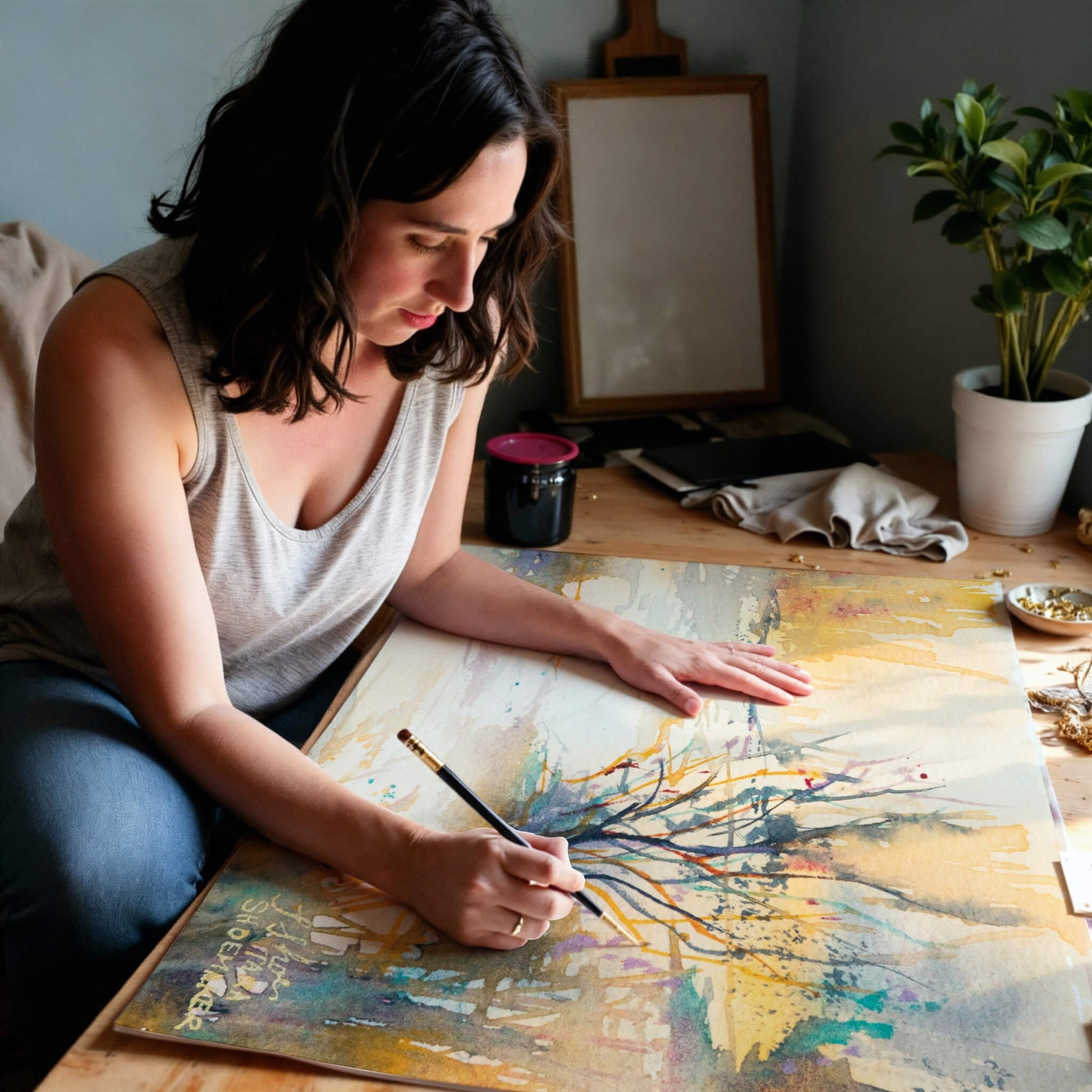 Woman hand-finishing an abstract artwork on a table with a plant and other items in the background.