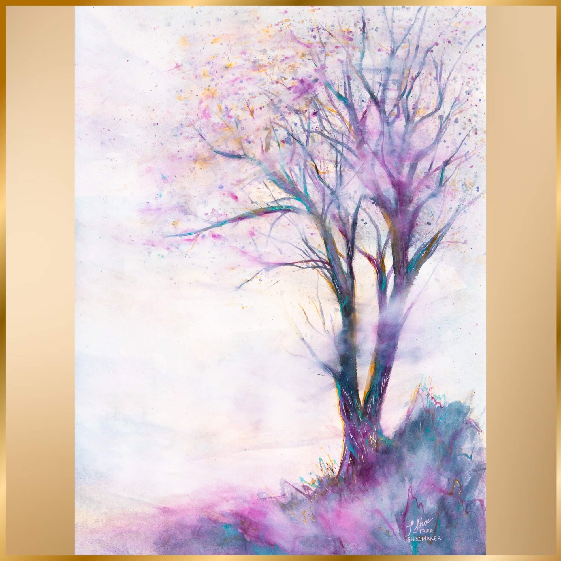 Colorful abstract tree painting on a gold frame. Haze by artist Tara Shoemaker.
