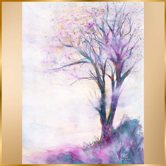 Colorful abstract tree painting on a gold frame. Haze by artist Tara Shoemaker.