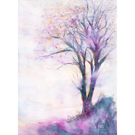 Colorful abstract painting of a tree on a white background. Haze by artist Tara Shoemaker.
