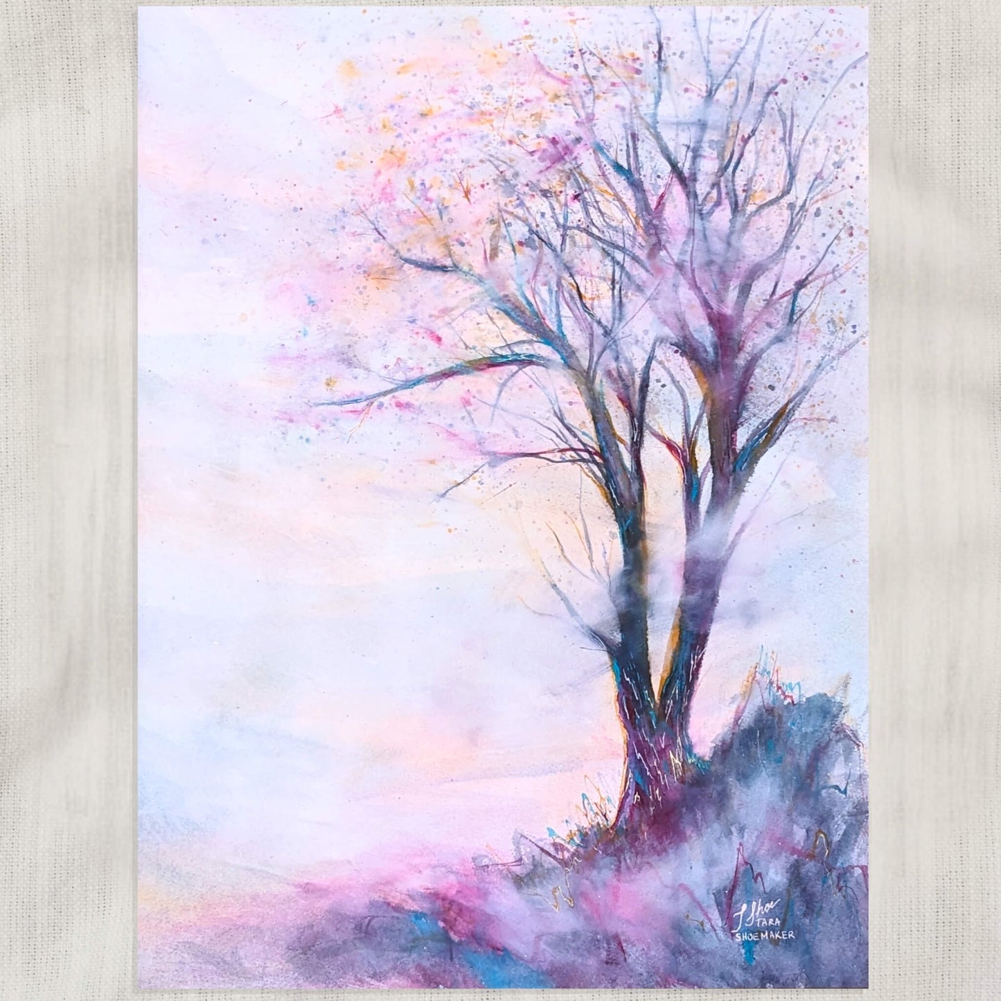 Colorful abstract painting of a tree on a textured fabric background. Haze by artist Tara Shoemaker.