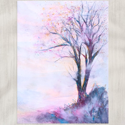 Colorful abstract painting of a tree on a textured fabric background. Haze by artist Tara Shoemaker.