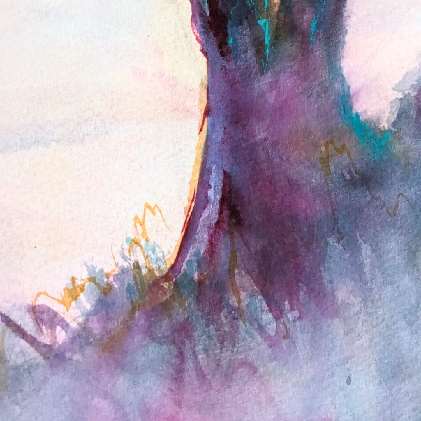 Abstract watercolor painting with a tree silhouette in pastel colors