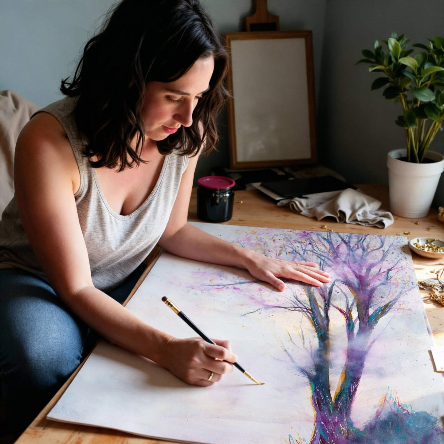 Woman hand-finishing a colorful tree on paper with a brush in a home setting.