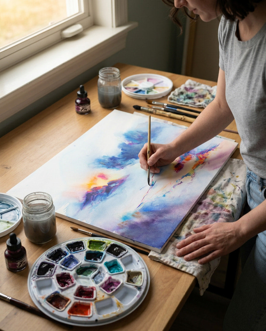 A person painting on a large canvas with colorful abstract brushstrokes in blue, purple, pink, and yellow. The scene is set in a sunlit studio with a watercolor palette, paint bottles, brushes, and other art supplies on a wooden table.