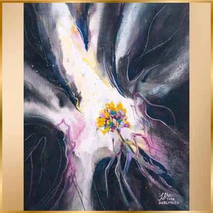 Abstract artwork with a central tree  design and swirling light and dark on a dark background. Resurgam by artist Tara Shoemaker.