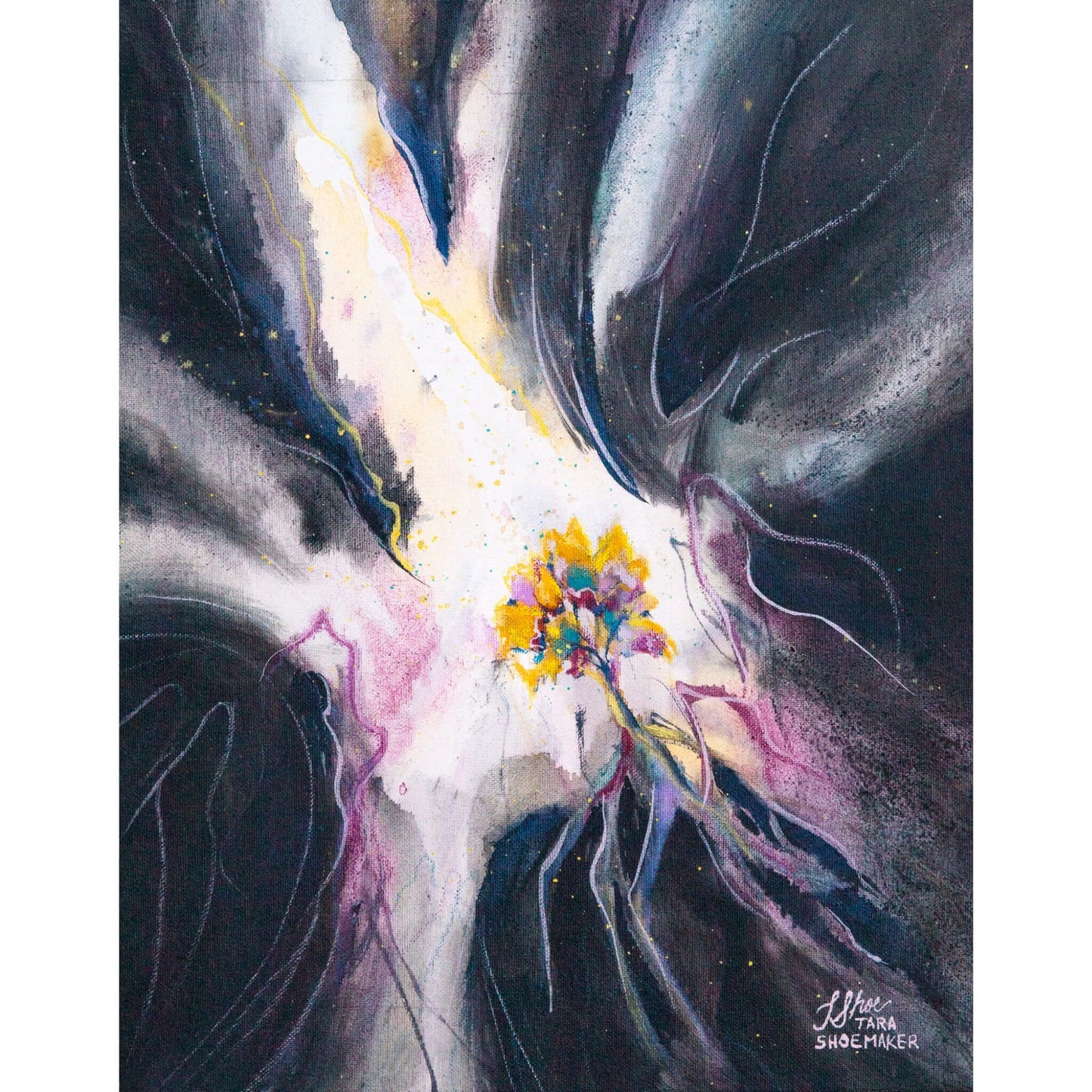 Abstract artwork with a central tree design with swirling light and dark areas on a dark background. Resurgam by artist Tara Shoemaker.