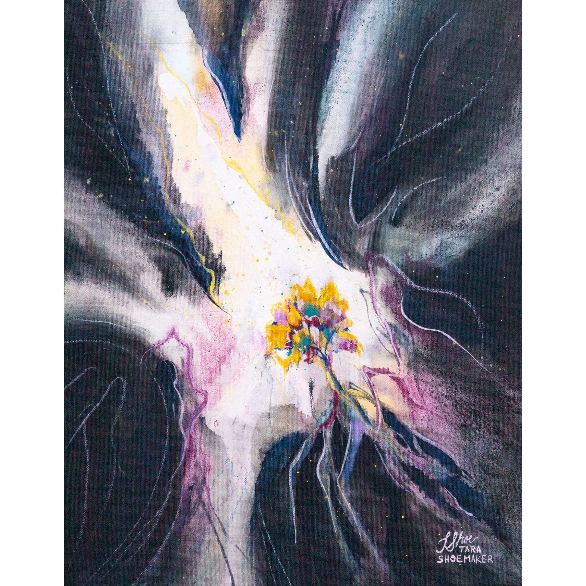 Abstract artwork with a central tree design with swirling light and dark areas on a dark background. Resurgam by artist Tara Shoemaker.