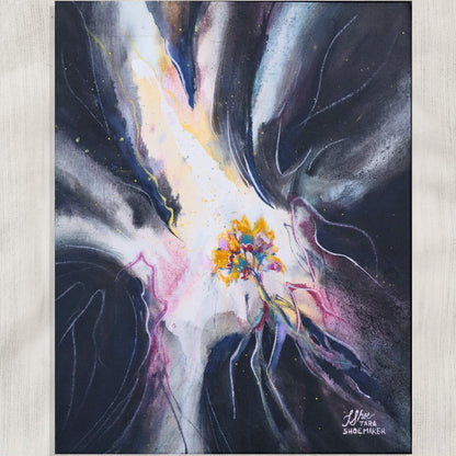 Abstract artwork with a central colorful tree design and swirls of light on a dark background. Resurgam by artist Tara Shoemaker.