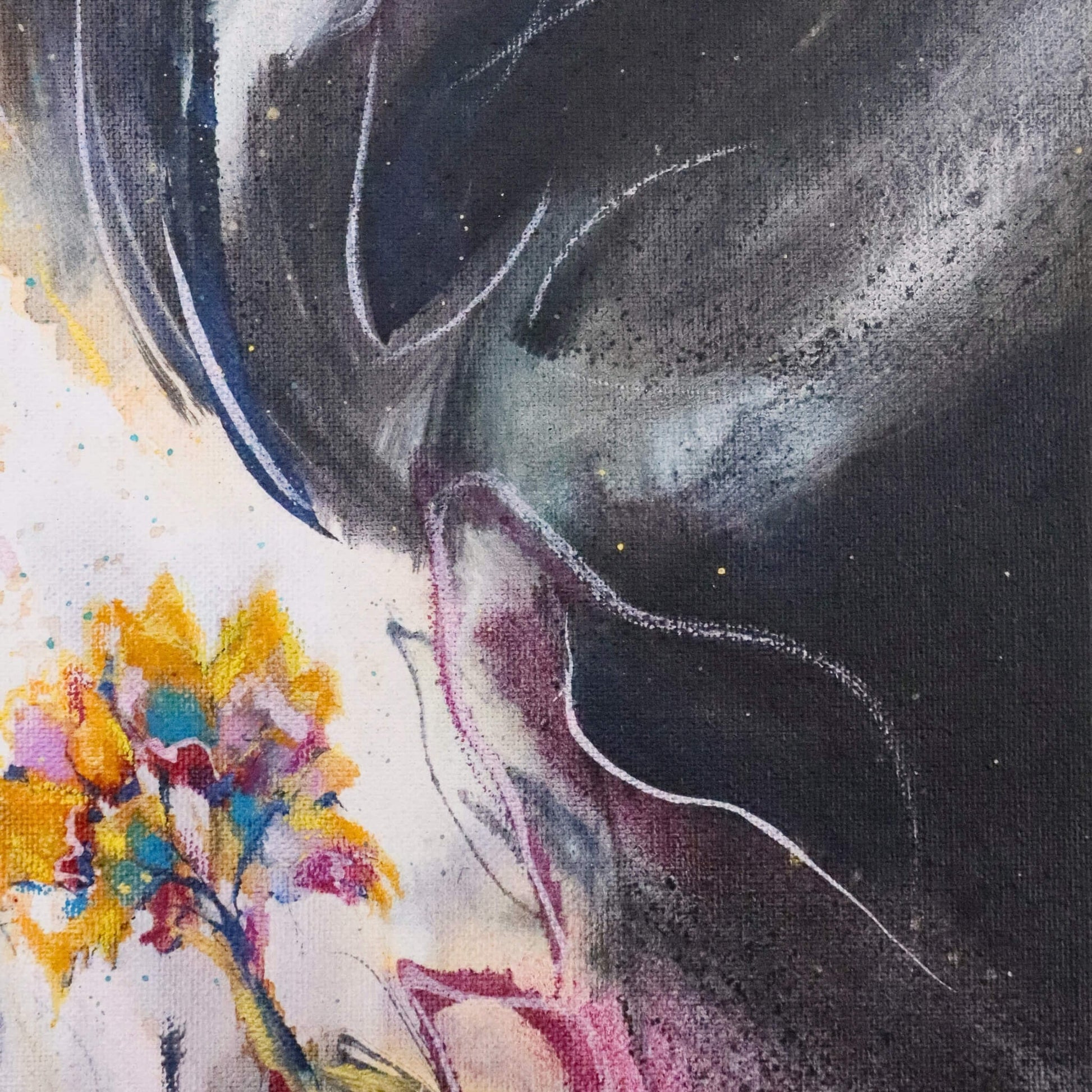 Abstract artwork with a dark background and colorful tree elements