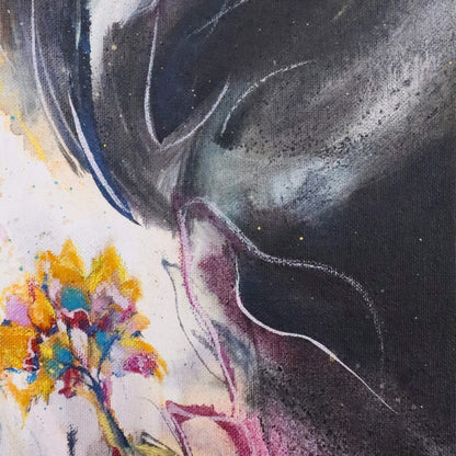 Abstract artwork with a dark background and colorful tree elements