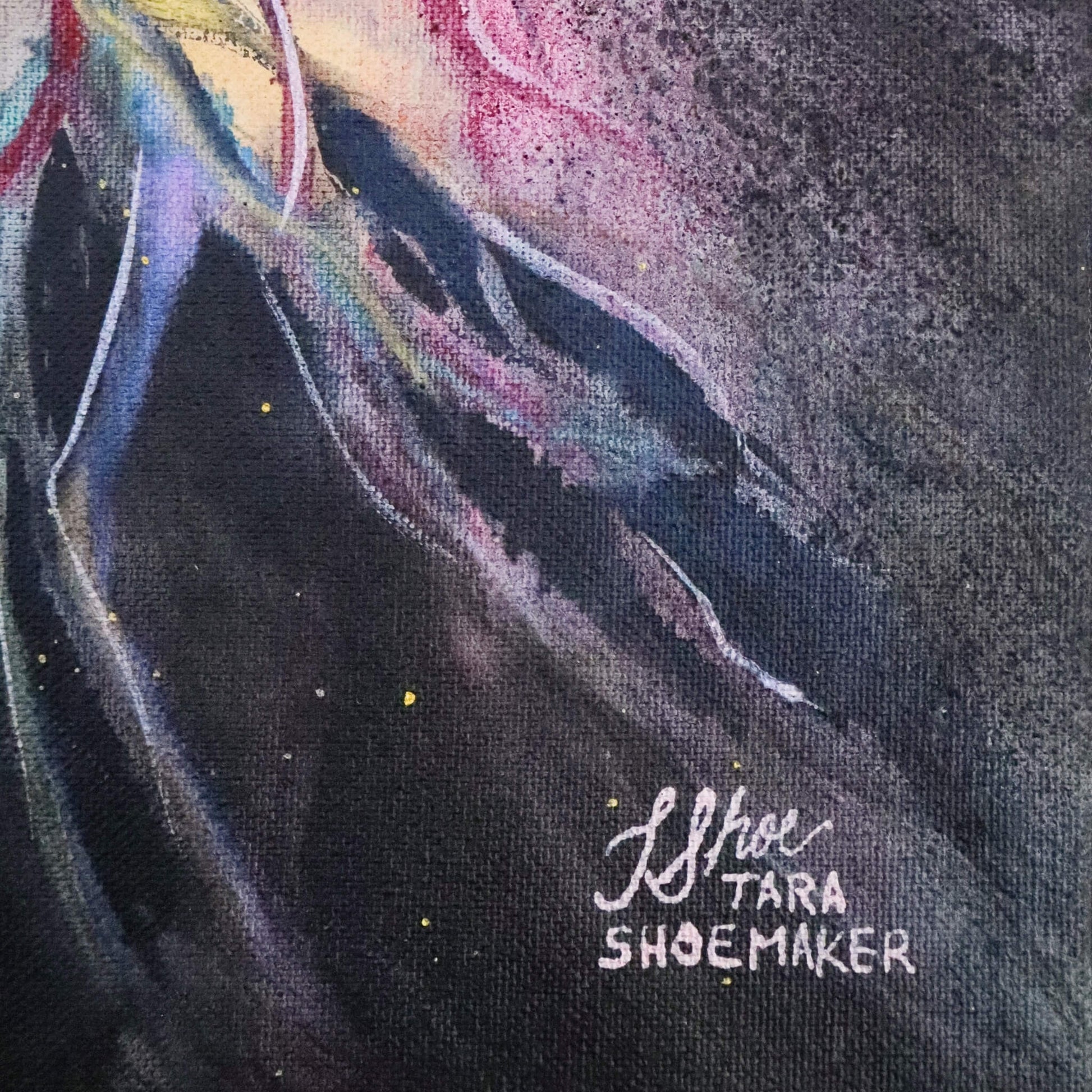 Painting with colorful abstract designs, gritty texture, and 'Tara Shoemaker' signature.