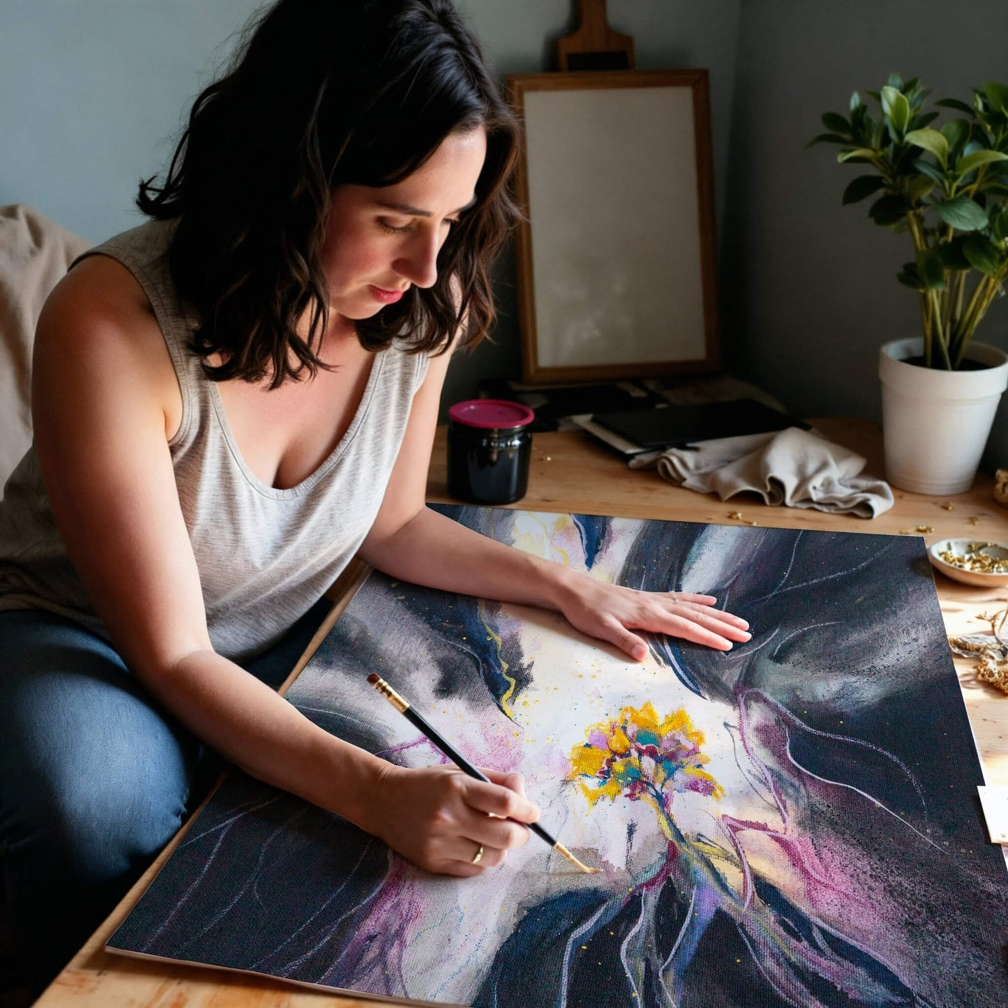 Woman hand-finishing  a colorful artwork on a table with a plant in the background