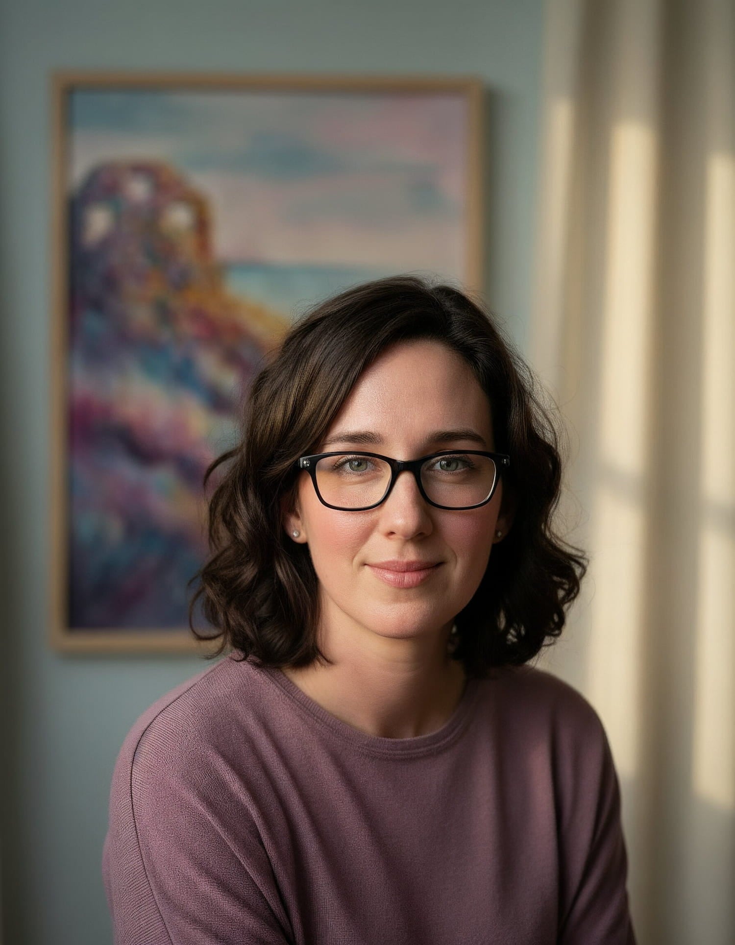 A portrait of Tara Shoemaker, a brunette woman wearing a plum shirt sitting in front of Ghosts, one of the paintings from her Daylight collection, which shows some ruins by the sea with colorful grasses and golden hour light.
