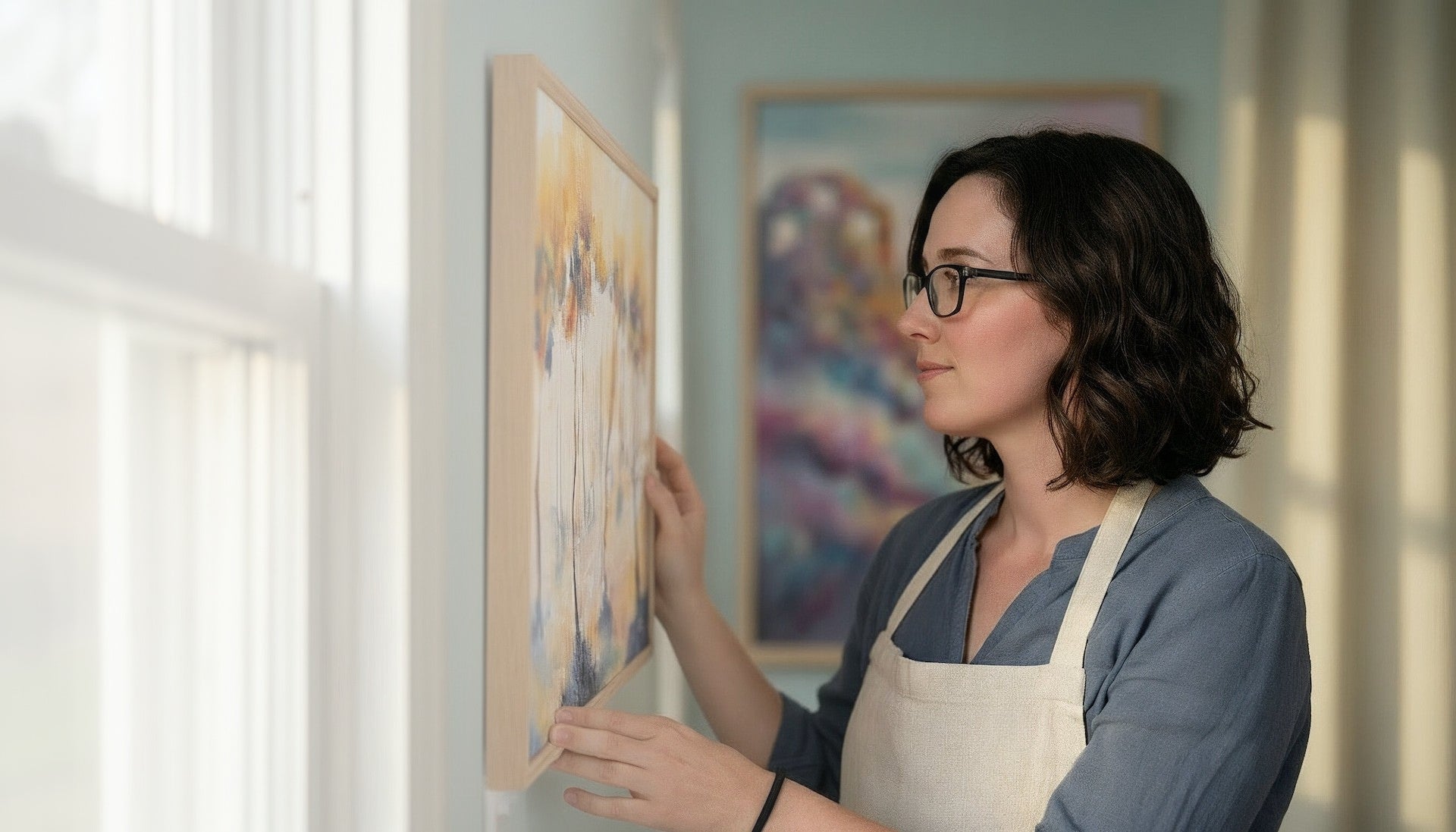 Tara Shoemaker, artist, hanging a print of a painting with colorful trees on the wall. Photo created with the help of AI tools.