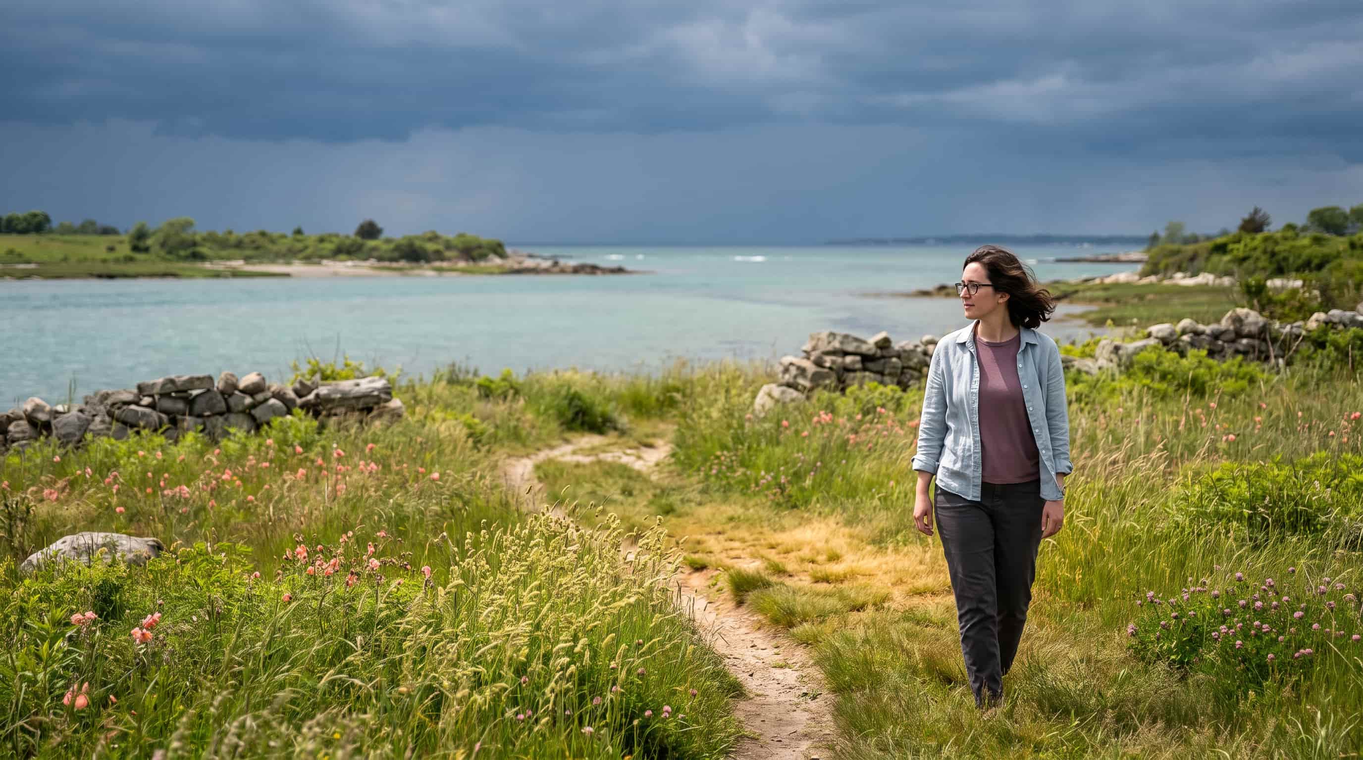 The artist walking through a coastal meadow. AI generated using a brand twin.