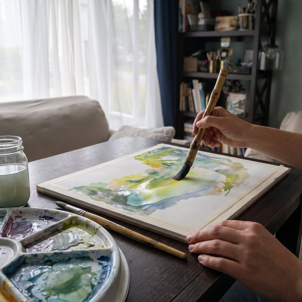 A woman paints some loose watercolor washes in greens and lavenders in the early stages of a painting
