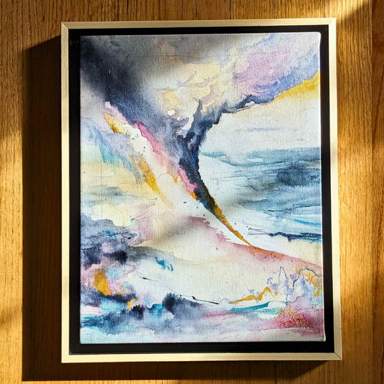 Video zooming in on an abstracted landscape painting with a strong dark diagonal and vivid harmonious colors.